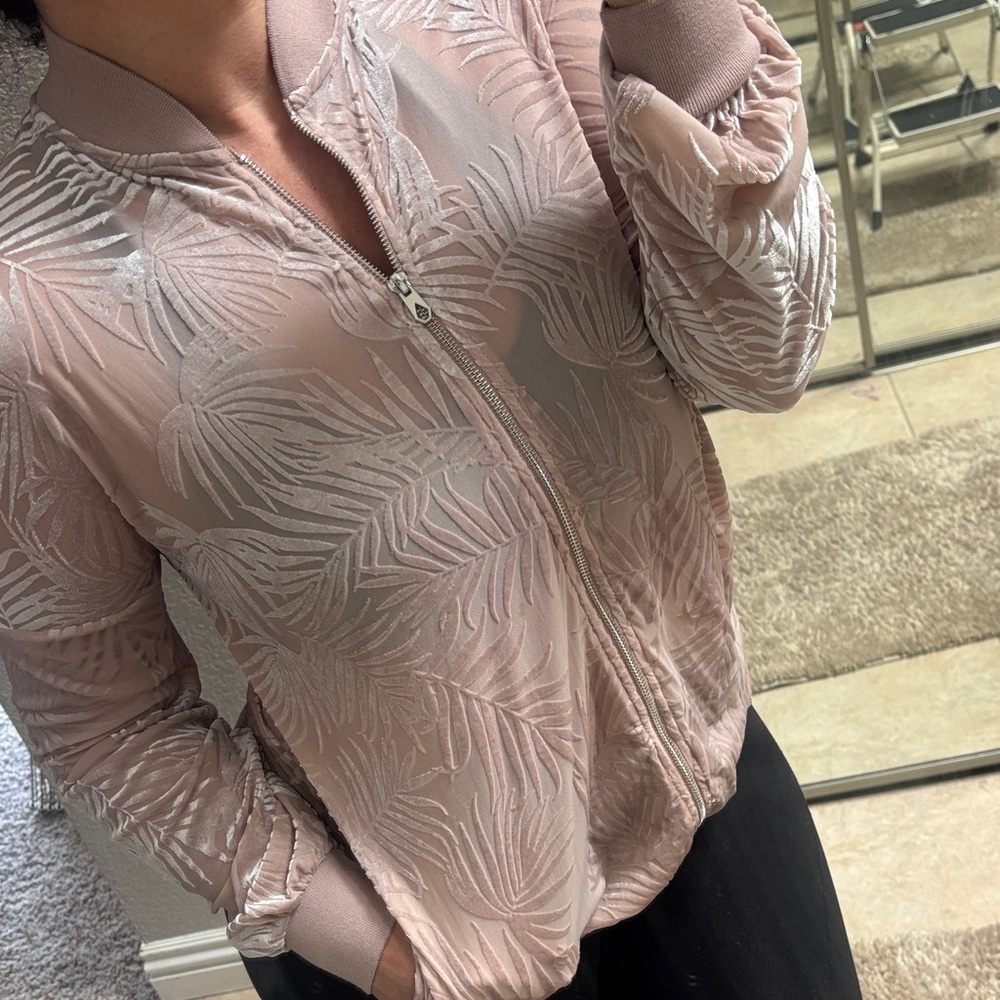 Stone row/volcolm Pink Sheer Leaf Pattern Bomber Jacket/oversized